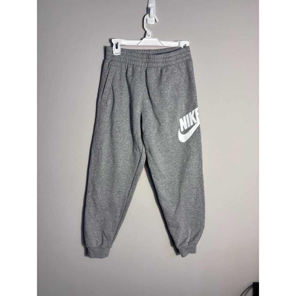 Nike Boys Tapered Sweatpants Fleece Grey White Swish Drawstring Size Large